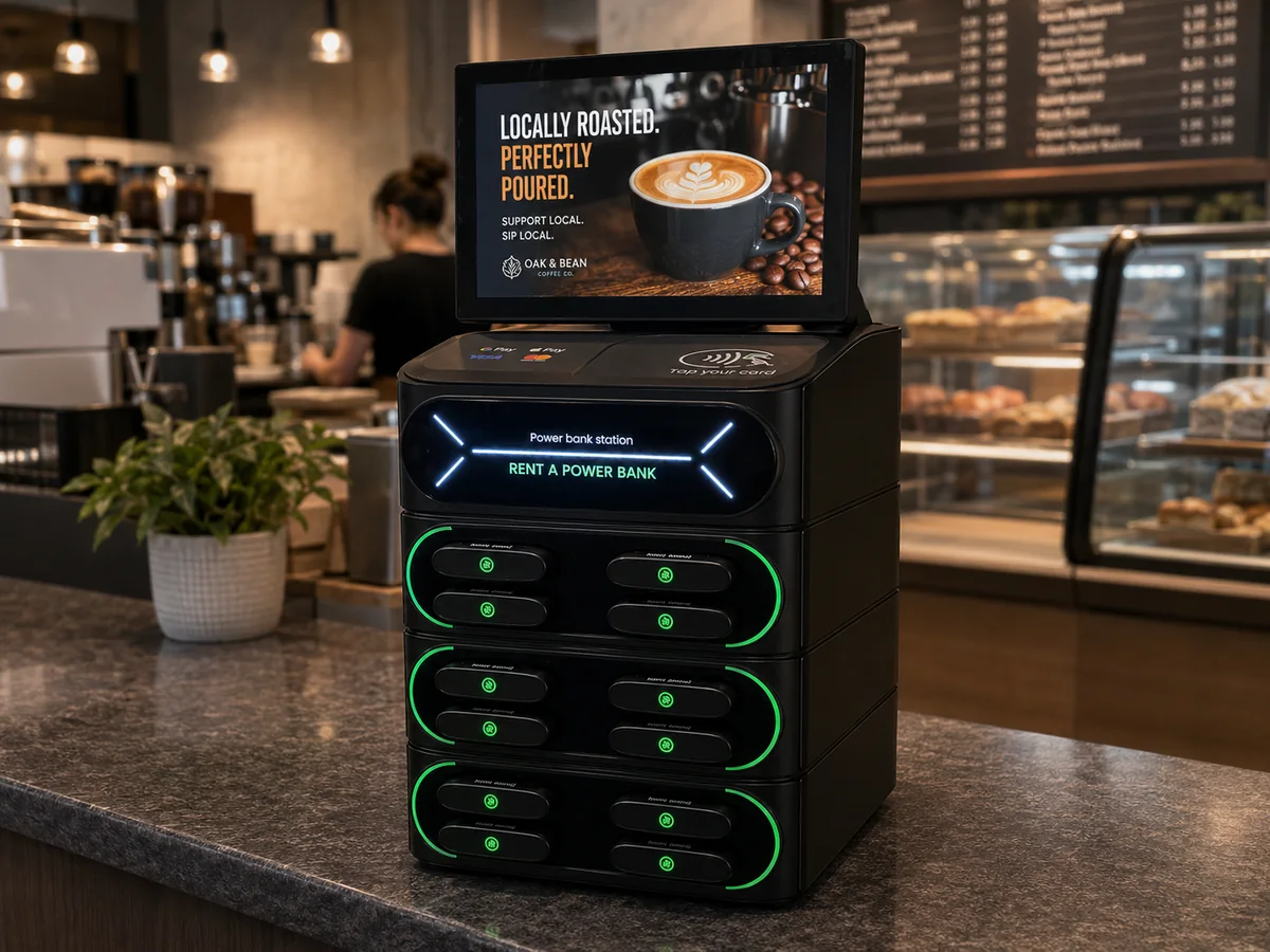 Voltage Nexus charging kiosk on the counter of a busy coffee shop